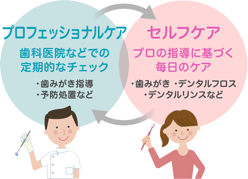 歯科医院などでプロフェッショナルケアを受け、それを日々のセルフケアで継続する