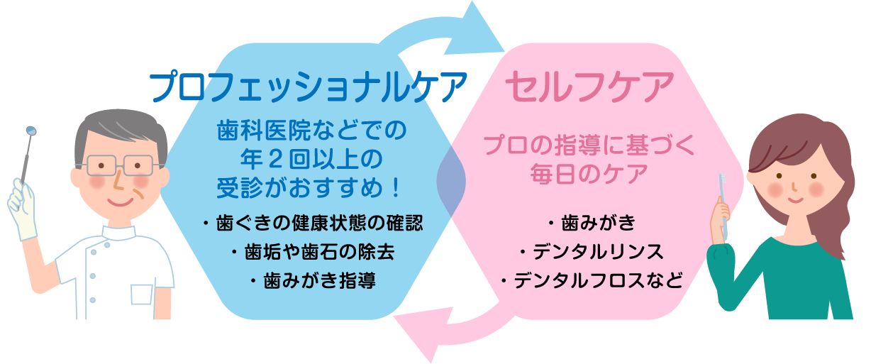 歯科医院などでプロフェッショナルケアを受け、それを日々のセルフケアで継続する