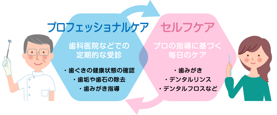 歯科医院などでプロフェッショナルケアを受け、それを日々のセルフケアで継続する