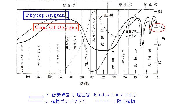 図１　植物プランクトンと空気中酸素濃度の変遷（J.M.Shop）